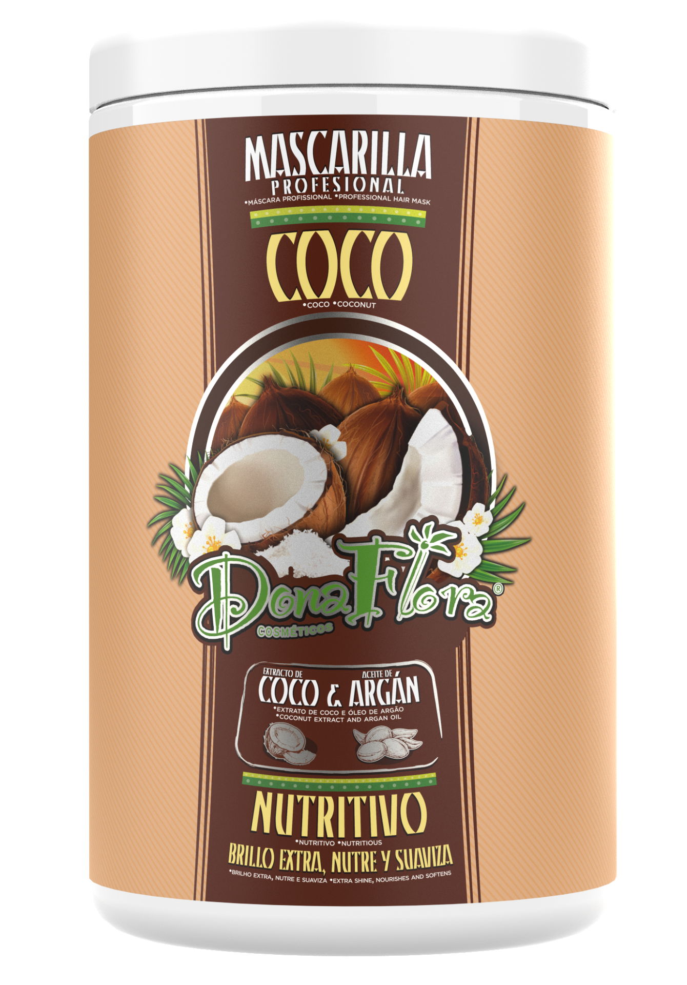 Frasco de máscara capilar Dona Flora coco com rótulo castanho e bege