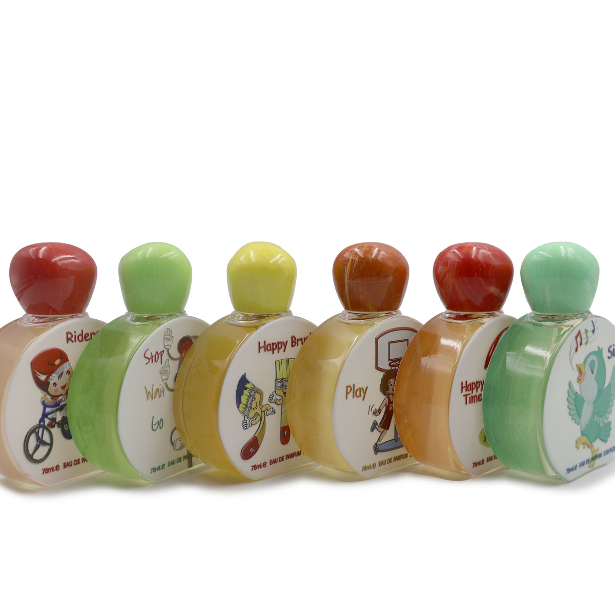 Seis frascos de perfume infantil coloridos com tampas e etiquetas ilustradas