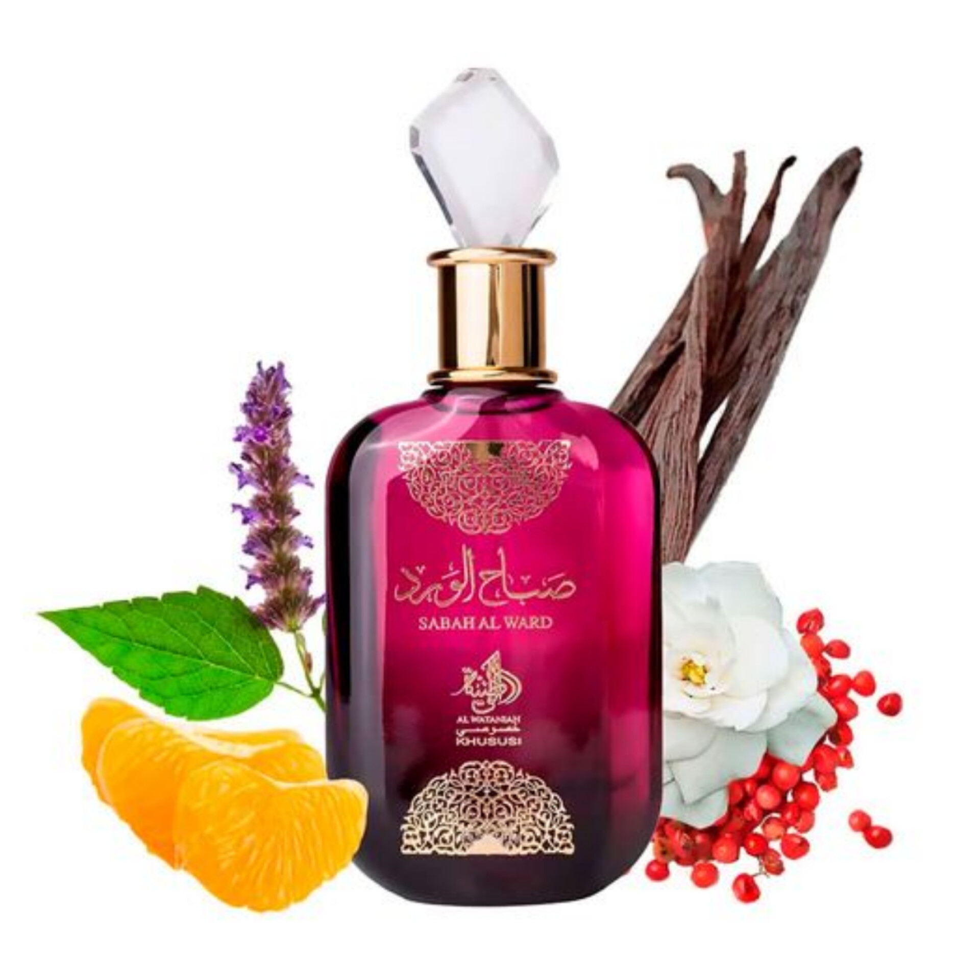 Frasco de perfume rosa com tampa transparente e detalhes dourados rodeado de elementos naturais