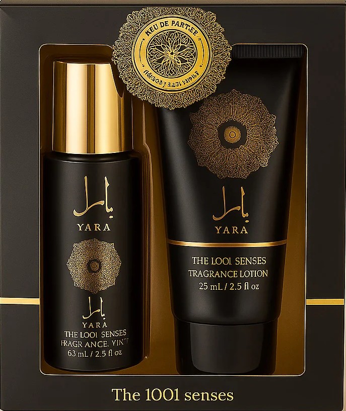 Conjunto de produtos YARA The Looi Senses em embalagem preta e dourada.