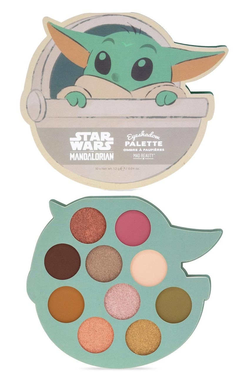Paleta de sombras Star Wars Mandalorian com formato de Baby Yoda e nove cores diferentes.