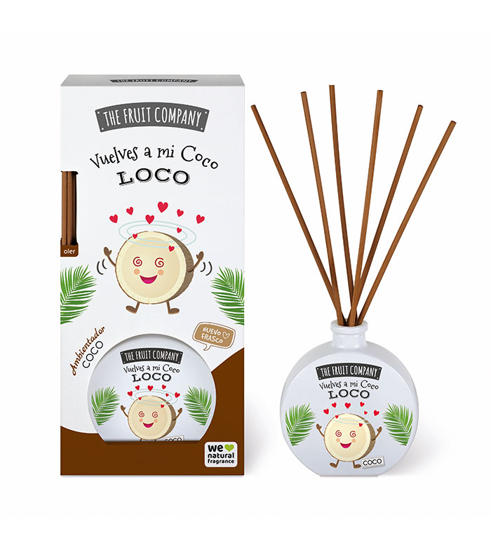 Difusor de ambiente com embalagem branca e desenho de coco sorridente