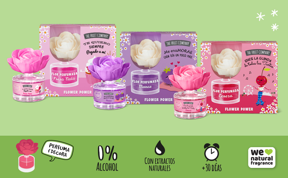 Frascos de vidro com flores coloridas em embalagens temáticas da THE FRUIT COMPANY