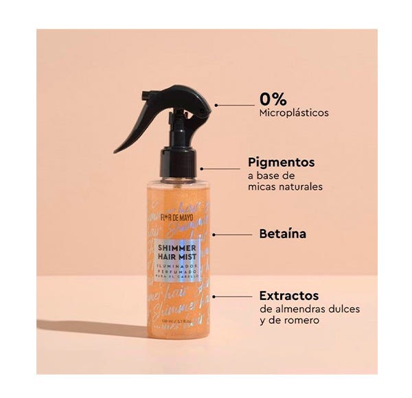 Frasco de spray rosa brilhante para cabelo com texto e indicações de ingredientes