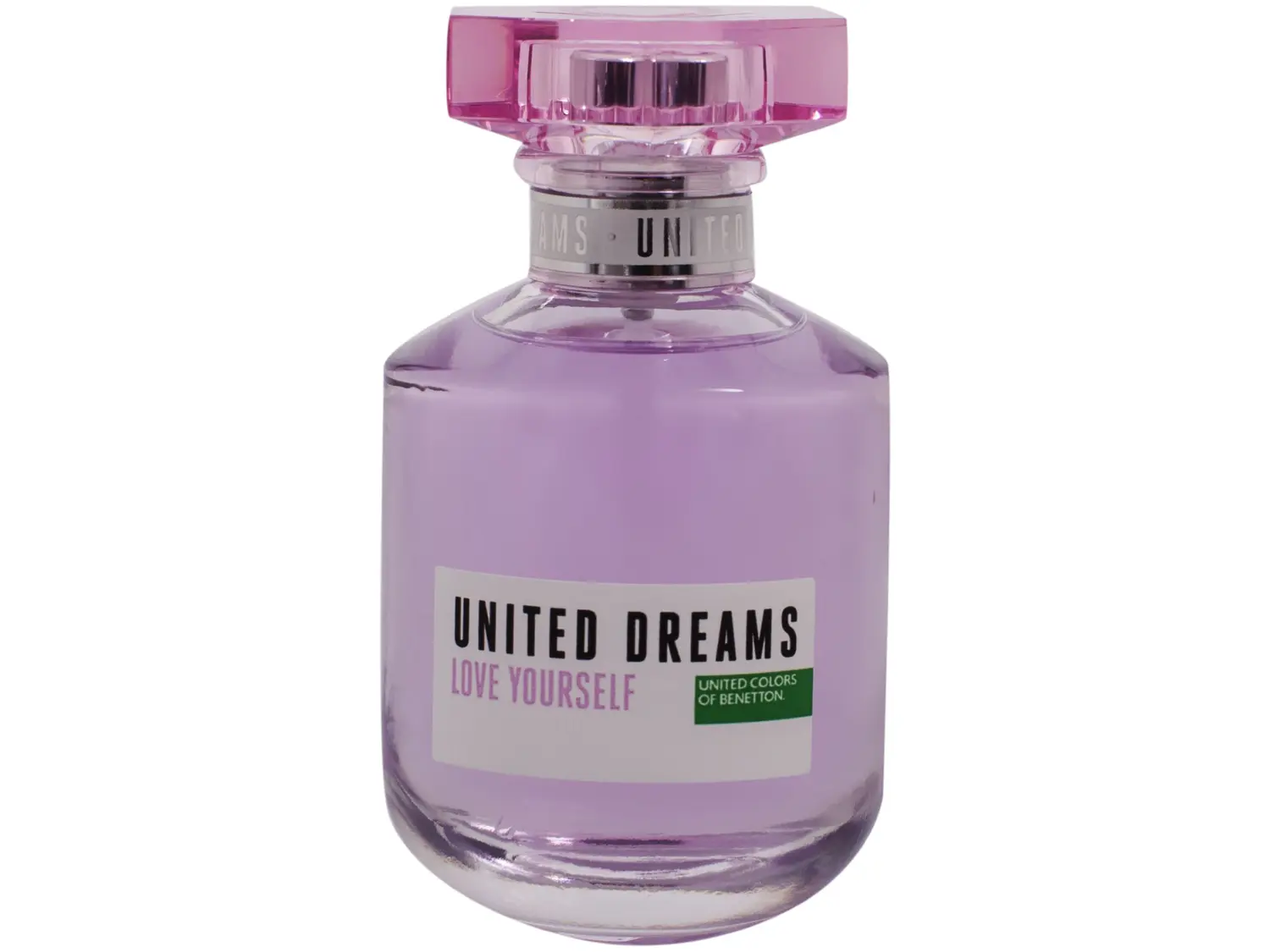 Frasco lilás de perfume United Dreams Love Yourself da Benetton com tampa rosa.