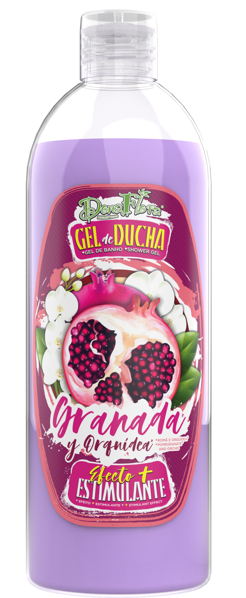 Gel de duche Dona Flora roxo com rótulo de romã e orquídeas