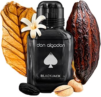 Frasco preto de perfume don algodon blackjack com elementos naturais ao fundo