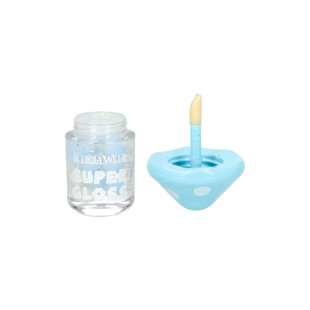Gloss labial Leticia Well em frasco transparente com tampa azul e aplicador esponjoso
