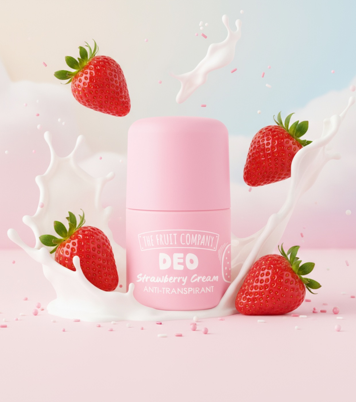 Desodorizante em stick rosa com morangos e respingos de líquido branco