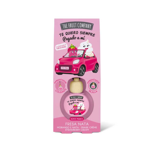 Produto para pendurar no carro com tema de morango e unicórnio em carro vermelho, embalagem rosa