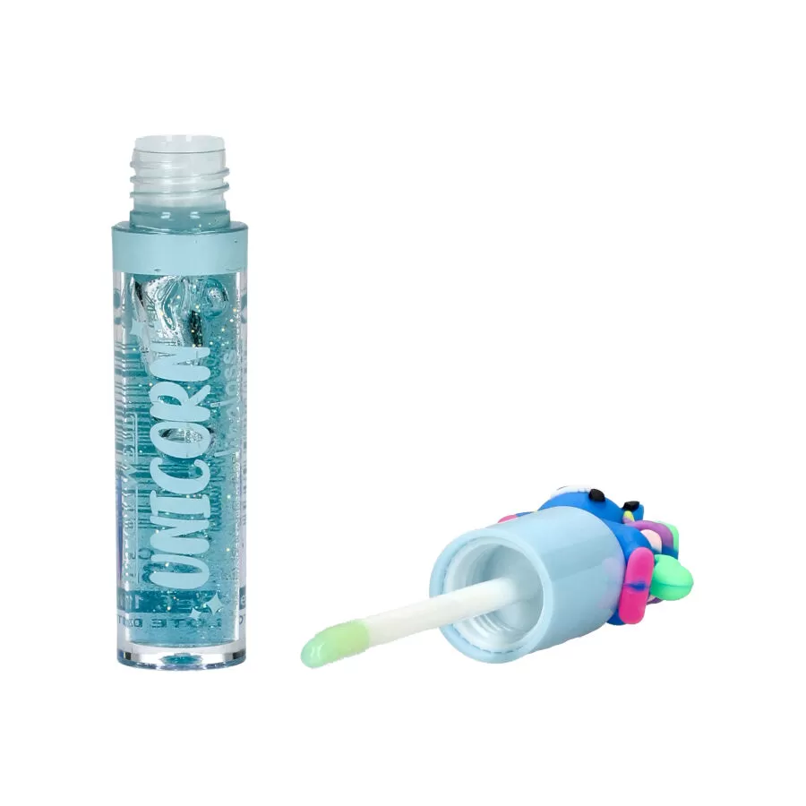 Frasco de gloss labial azul com glitter e tampa decorada com unicórnio colorido