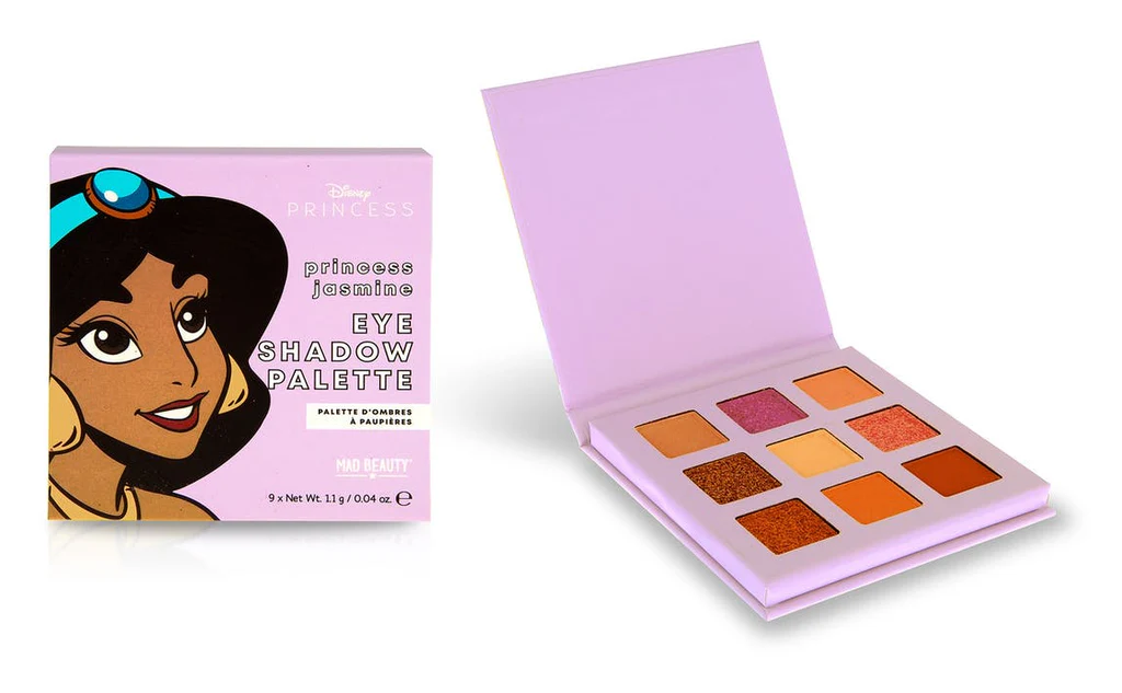 Paleta de sombras de olho Jasmine com 9 cores em tons neutros e quentes e embalagem roxa