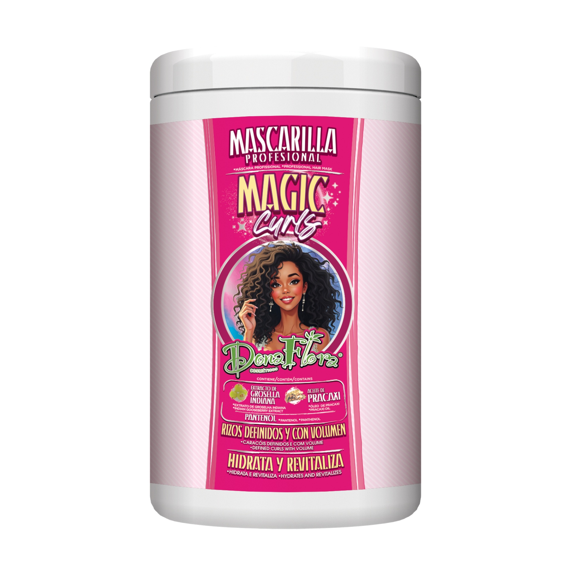 Frasco de máscara capilar Dona Flora Magic Curls com rótulo rosa e lilás e desenho de mulher com cabelo cacheado