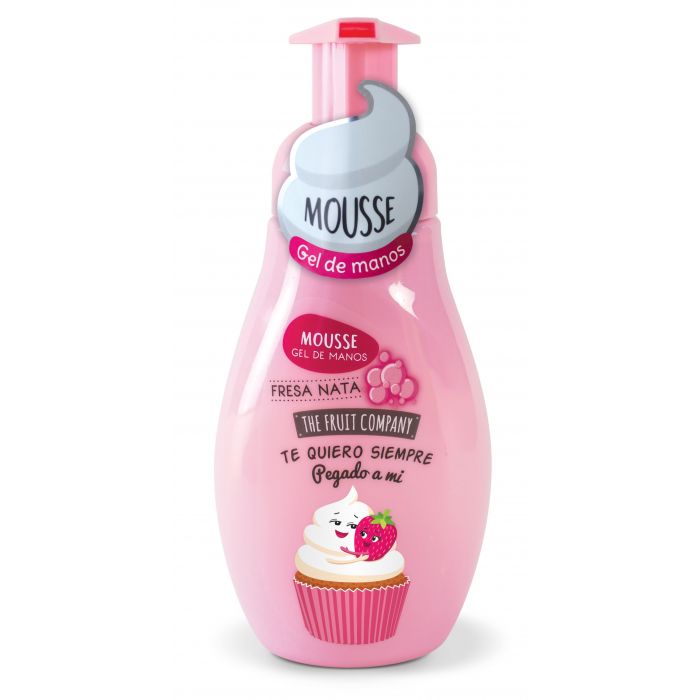 Frasco rosa de mousse gel de mãos com texto e imagem de cupcake e morango