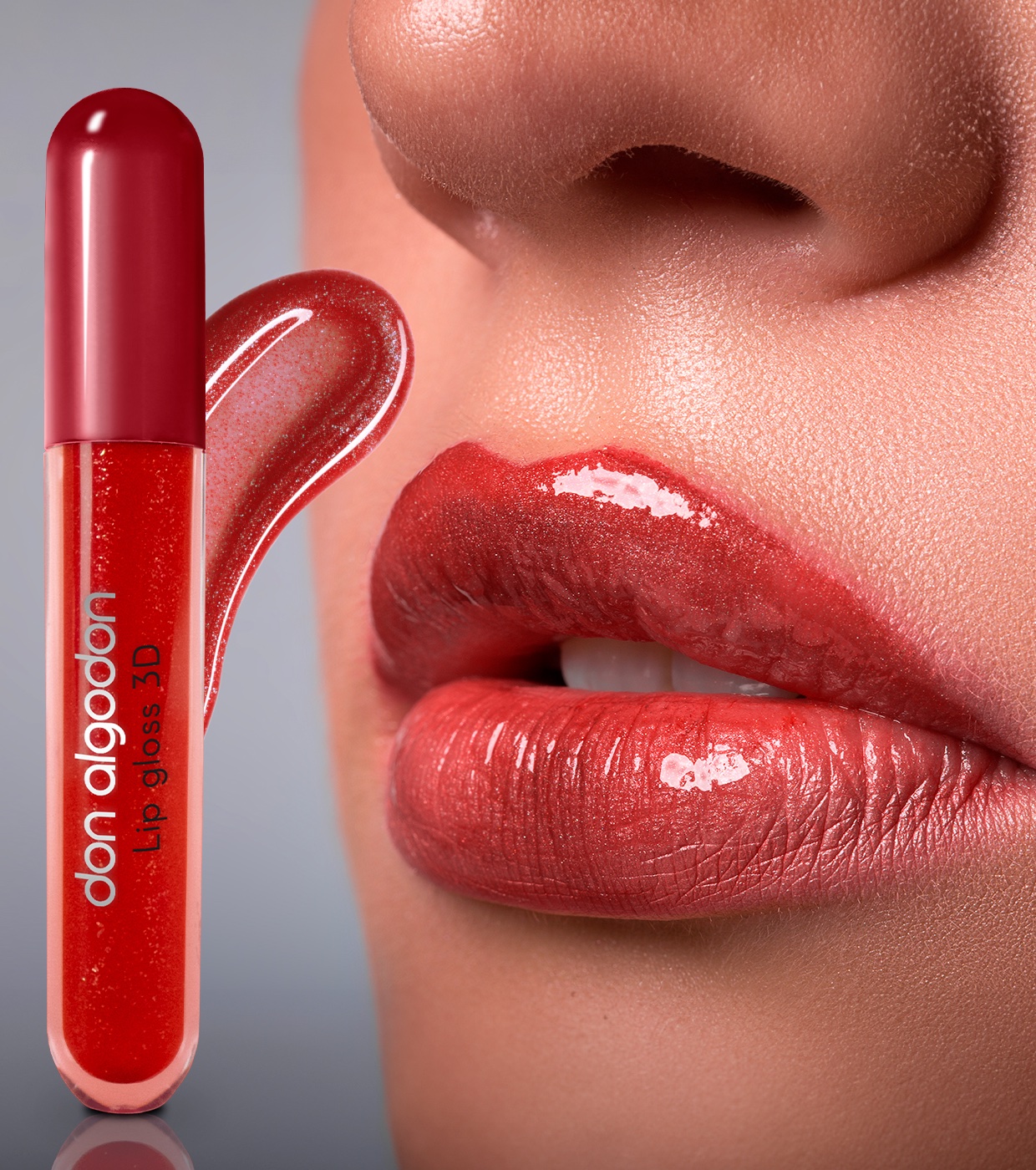 Gloss labial vermelho brilhante e tubo do produto don algodon Lip gloss 3D ao lado de lábios com brilho.