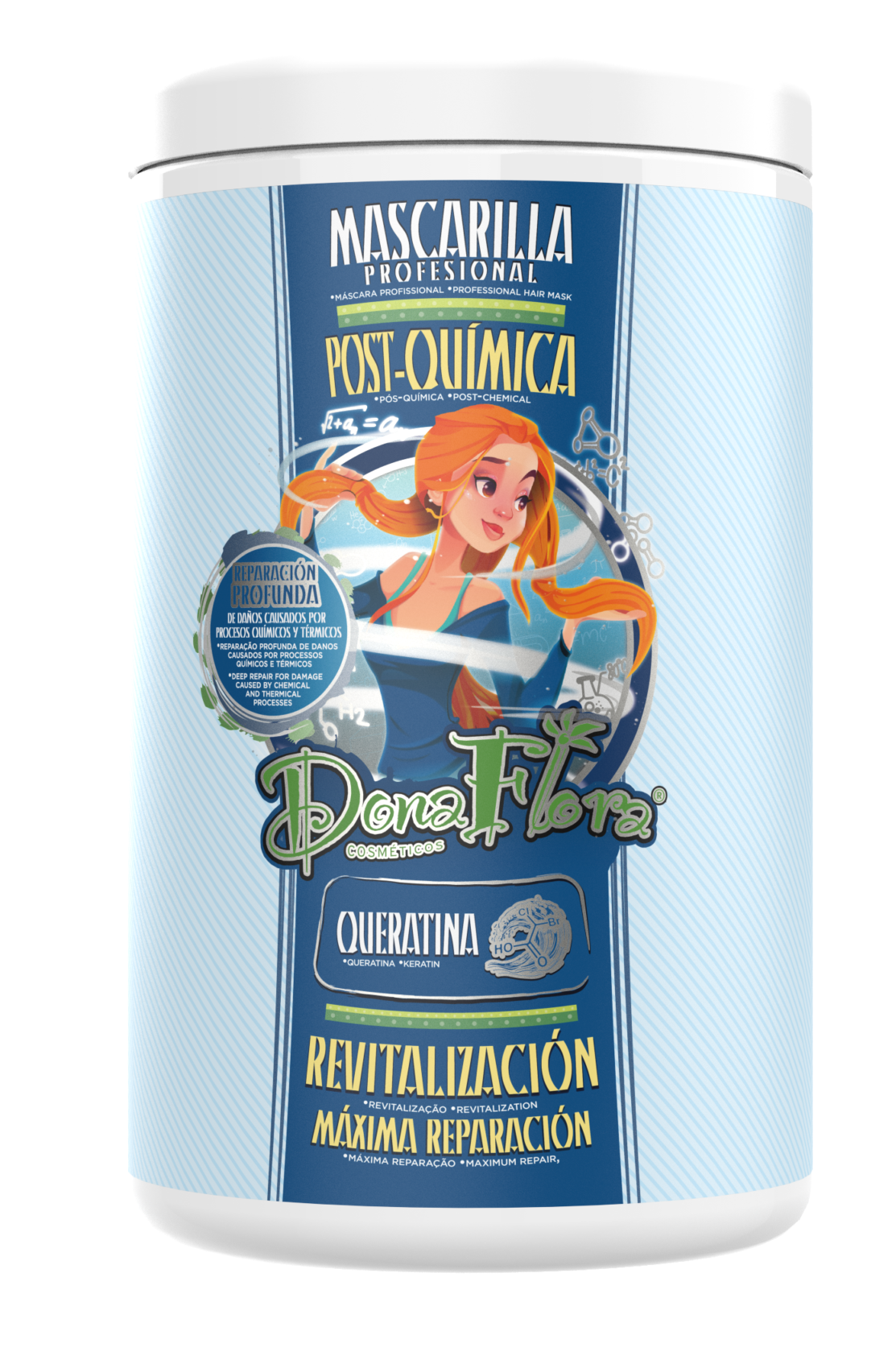 Máscara profissional para cabelo pós-química Dona Flora em embalagem azul com ilustração de mulher
