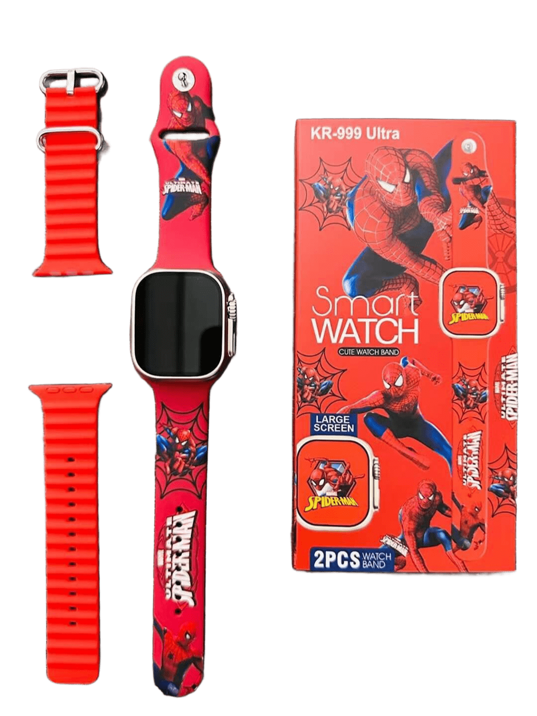 Smartwatch vermelho com tema Homem-Aranha e caixa correspondente
