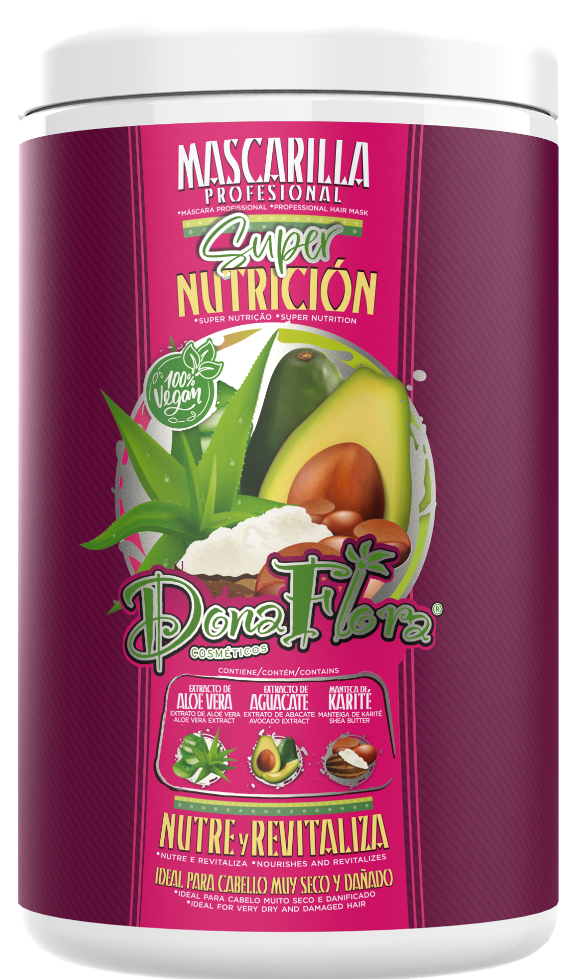 Frasco com máscara capilar profissional Dona Flora Super Nutrição em embalagem rosa com imagens de aloe vera, abacate e karité.