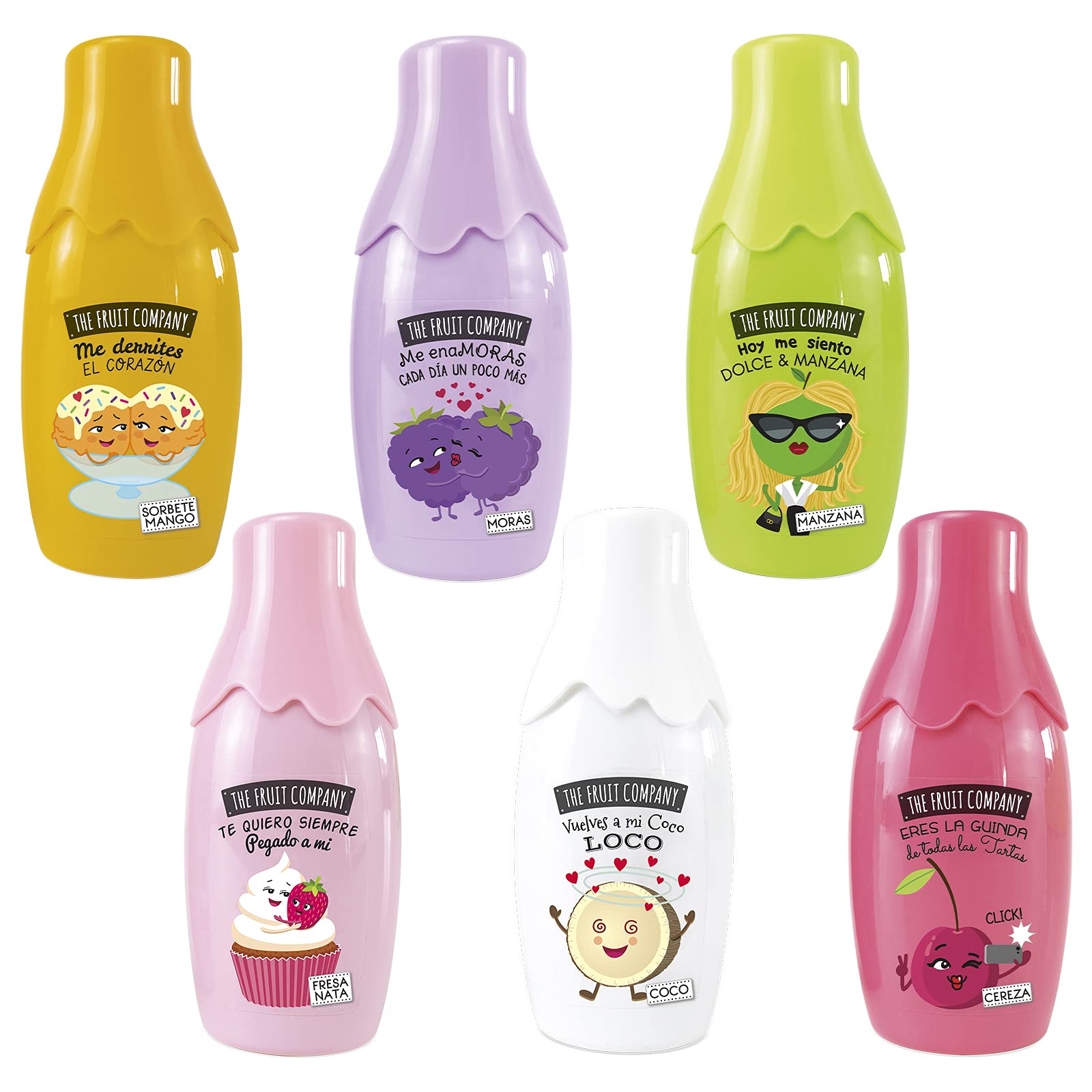 Seis garrafas coloridas da THE FRUIT COMPANY com desenhos de frutas e texto em espanhol