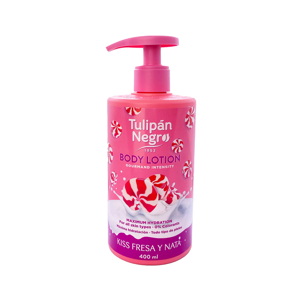 Frasco rosa de loção corporal Tulipán Negro Kiss Fresa y Nata 400 ml