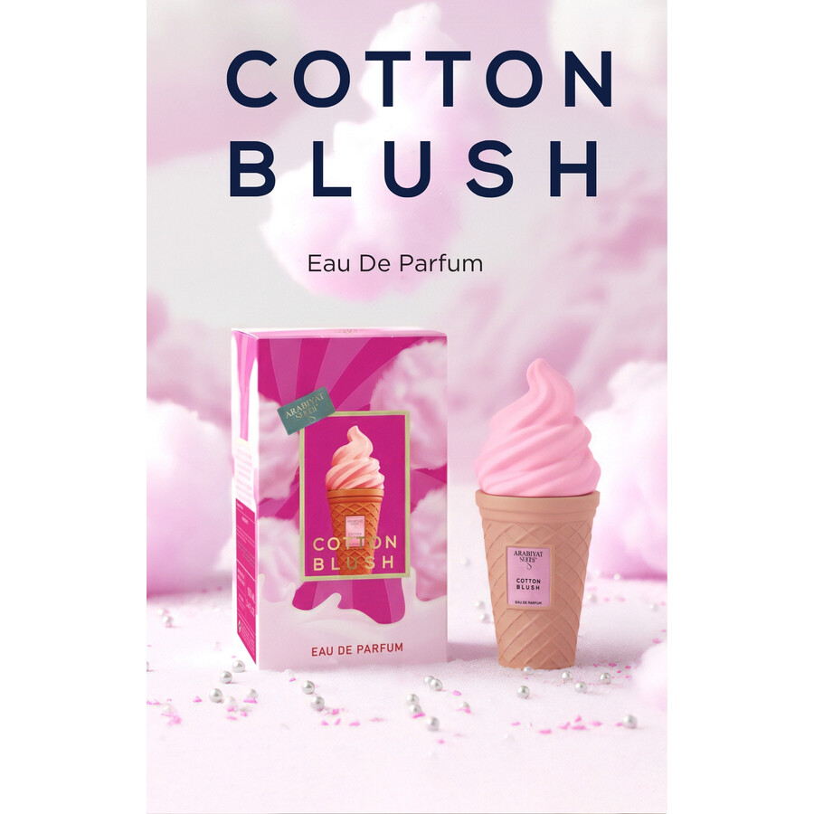 Frasco e embalagem de perfume Cotton Blush em forma de cone de gelado cor-de-rosa e castanho