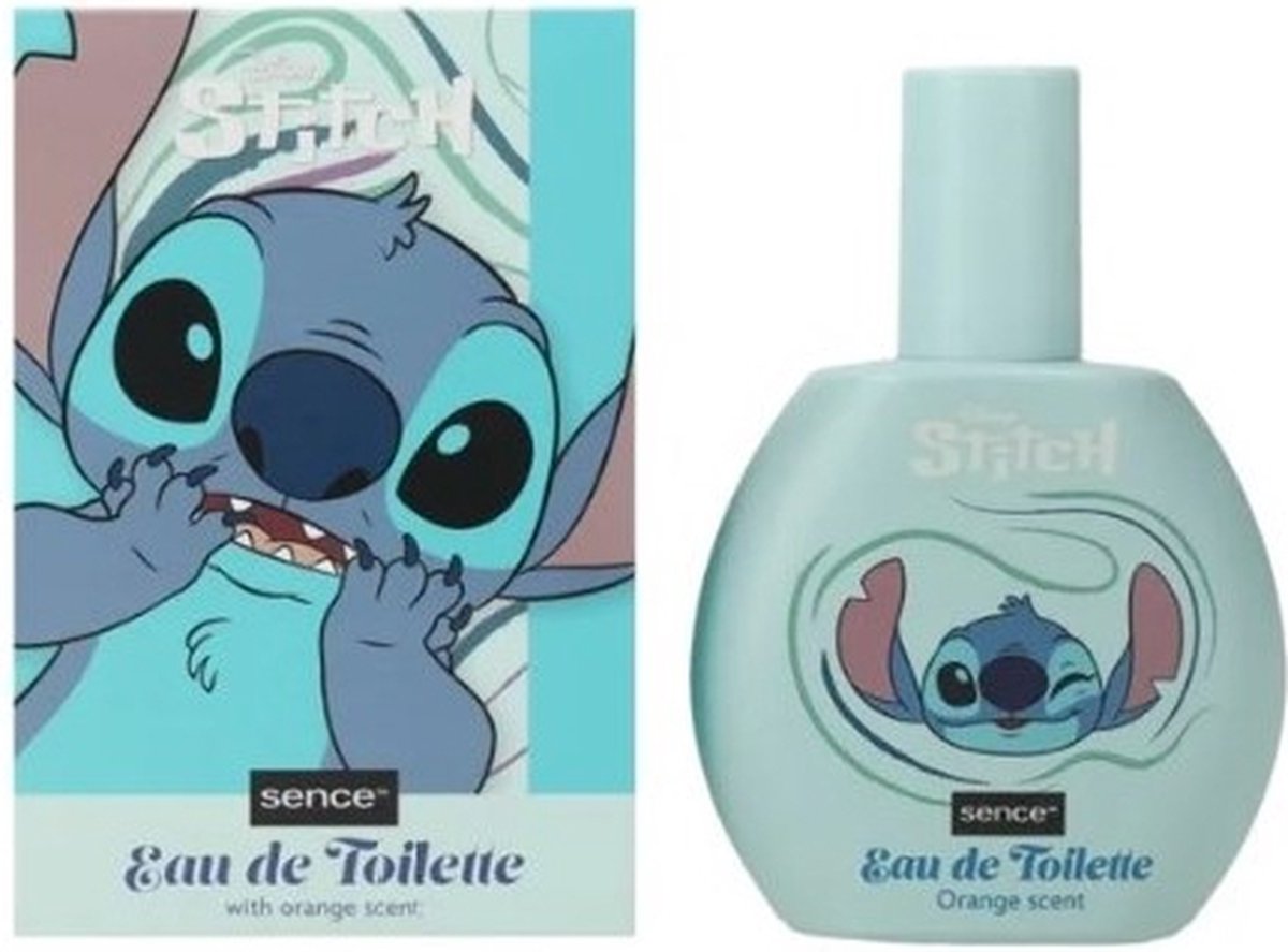 Frasco e caixa de Eau de Toilette azul claro com personagem Stitch e texto
