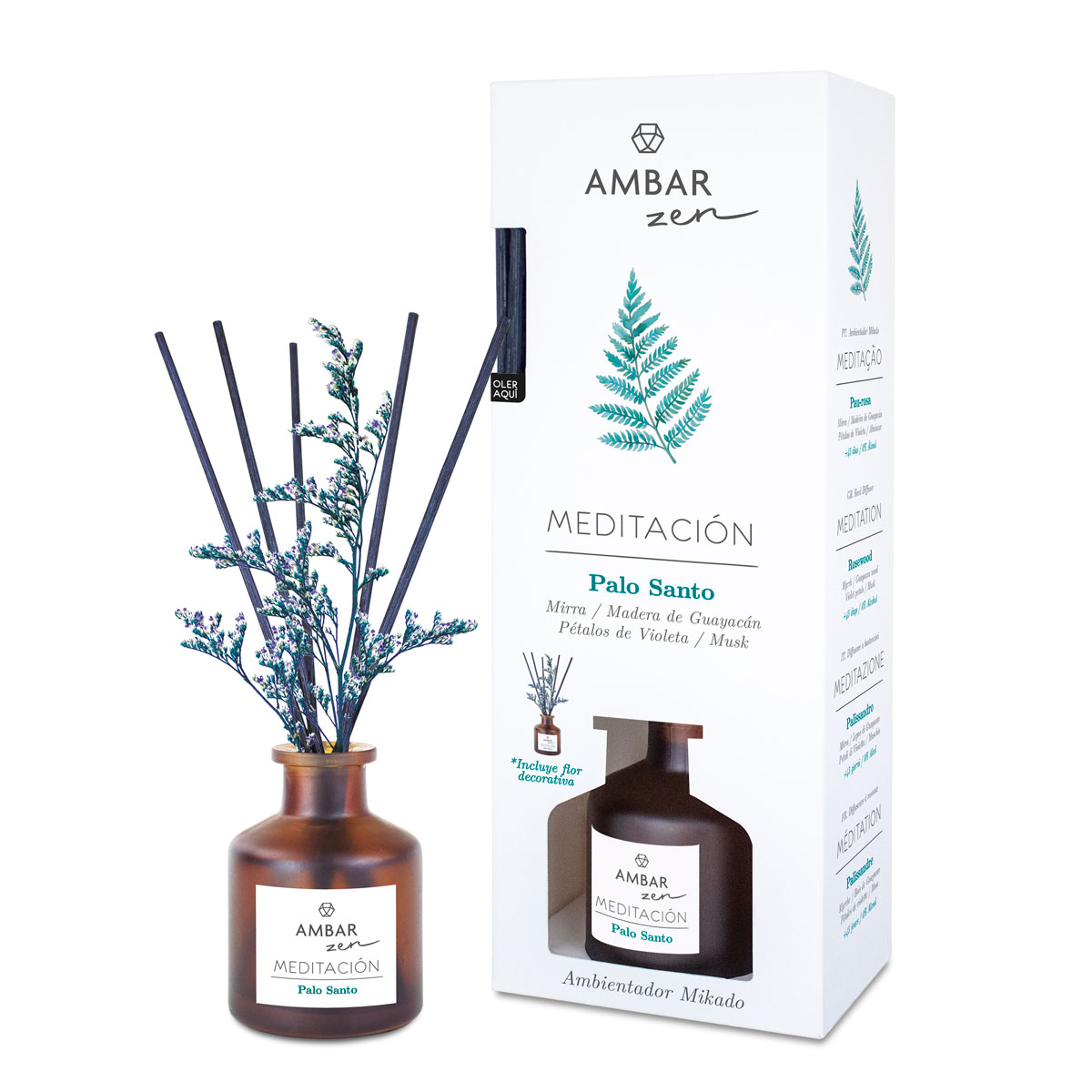 Difusor ambiente AMBAR zen Meditación Palo Santo com embalagem branca
