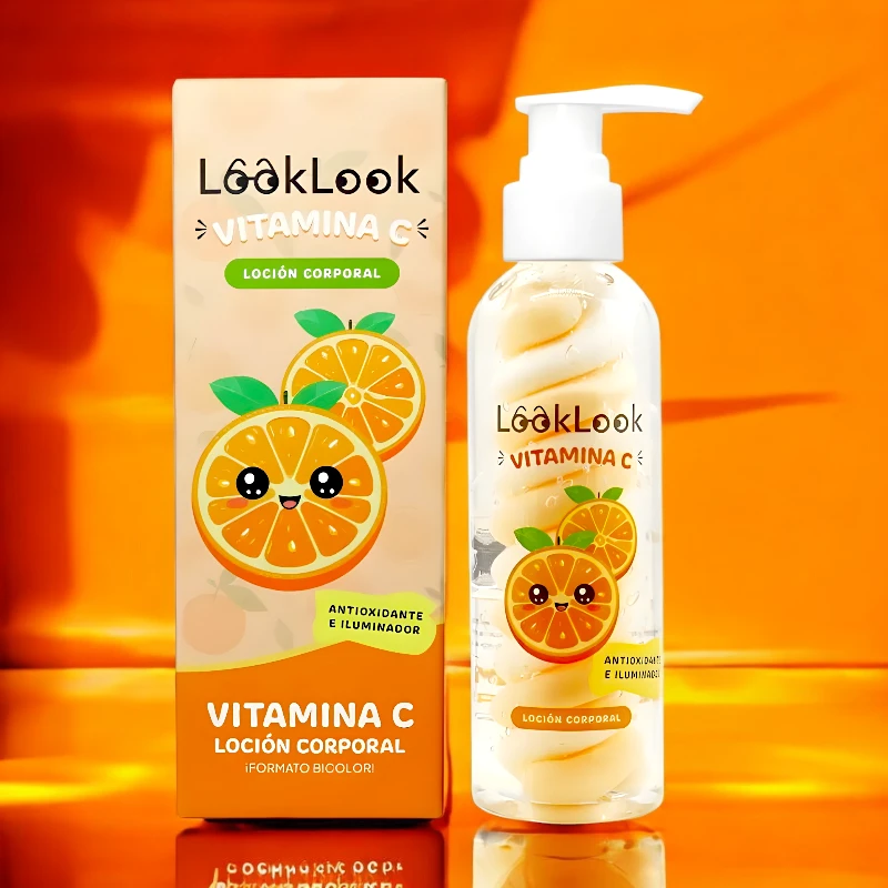 LoOkLook VITAMINA C loção corporal com frasco pump e caixa amarela e laranja com ilustração de tangerina
