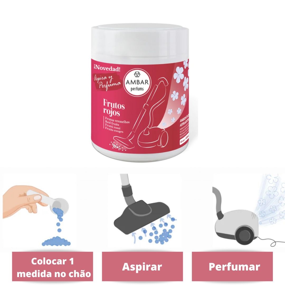 Embalagem de perfume para aspiradores cor branca e rosa com instruções ilustradas para uso.