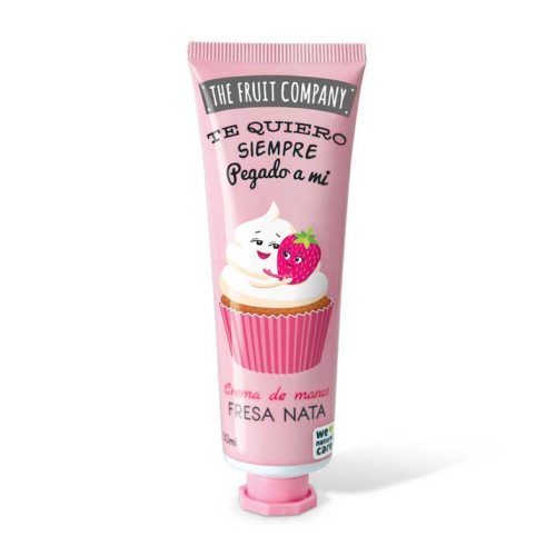 Tubo cor-de-rosa de creme para as mãos com desenho de cupcake e morango.