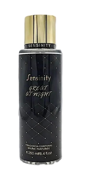 Frasco de fragrância corporal Sensinity GREAT at NIGHT preto com tampa dourada
