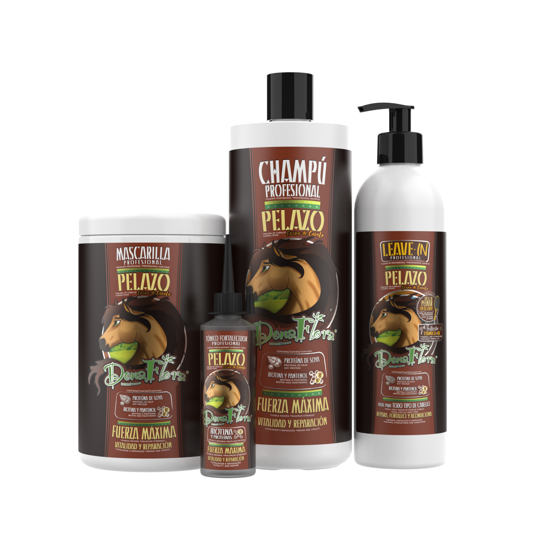 Produtos profissionais para cabelo Pelazo de Donal Forest com embalagem castanha e branca