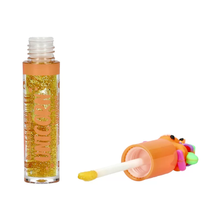 Brilho labial com glitter dourado em frasco com tampa laranja e decoração colorida