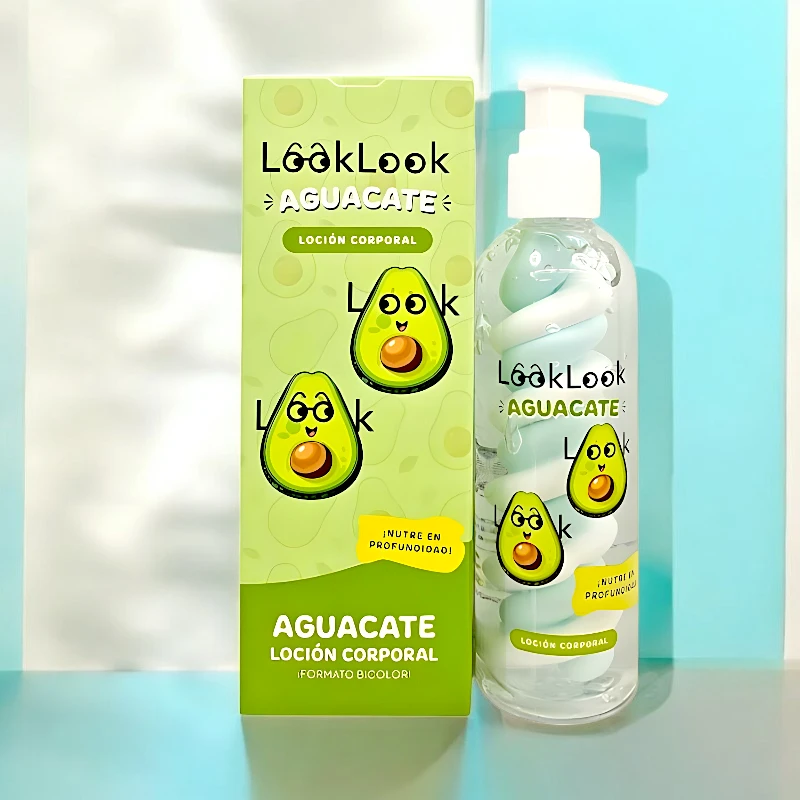 Loção corporal de aguacate Look Look em embalagem verde com abacates desenhados