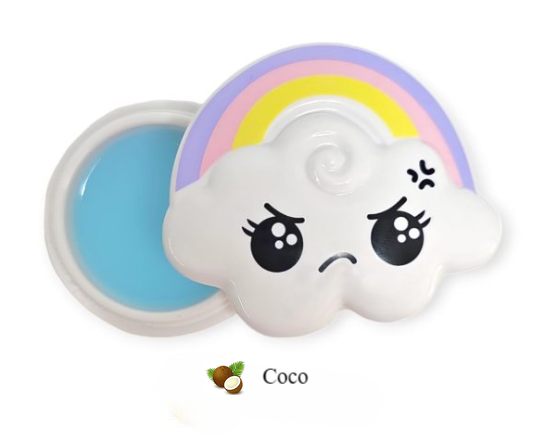 Bálsamo labial branco em forma de nuvem com arco-íris e olhos expressivos, aberto mostrando bálsamo azul.