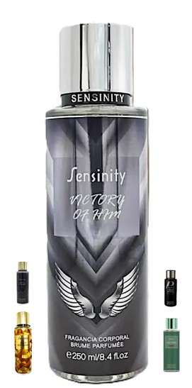 Frasco de fragrância corporal Sensinity Victory of Him com detalhe de asas e texto em cinza e branco