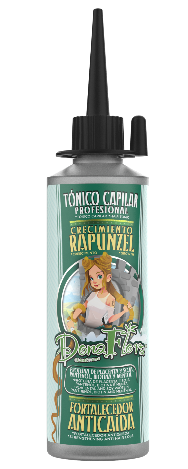 Frasco de tónico capilar profissional Dona Flora com rótulo verde e ilustração de mulher com cabelo longo trançado