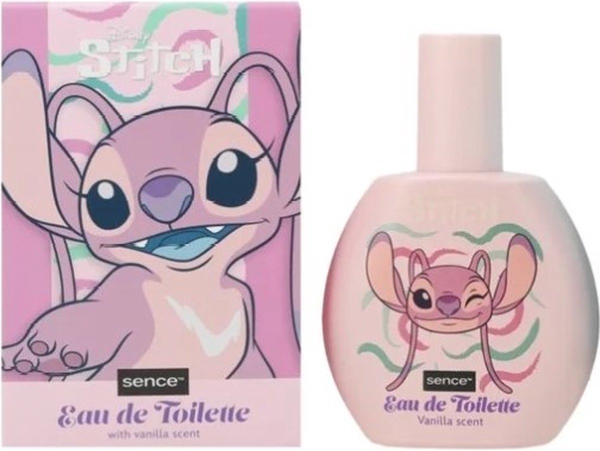 Frasco e embalagem rosa Eau de Toilette Sence com personagem Stitch e texto Vanilla scent