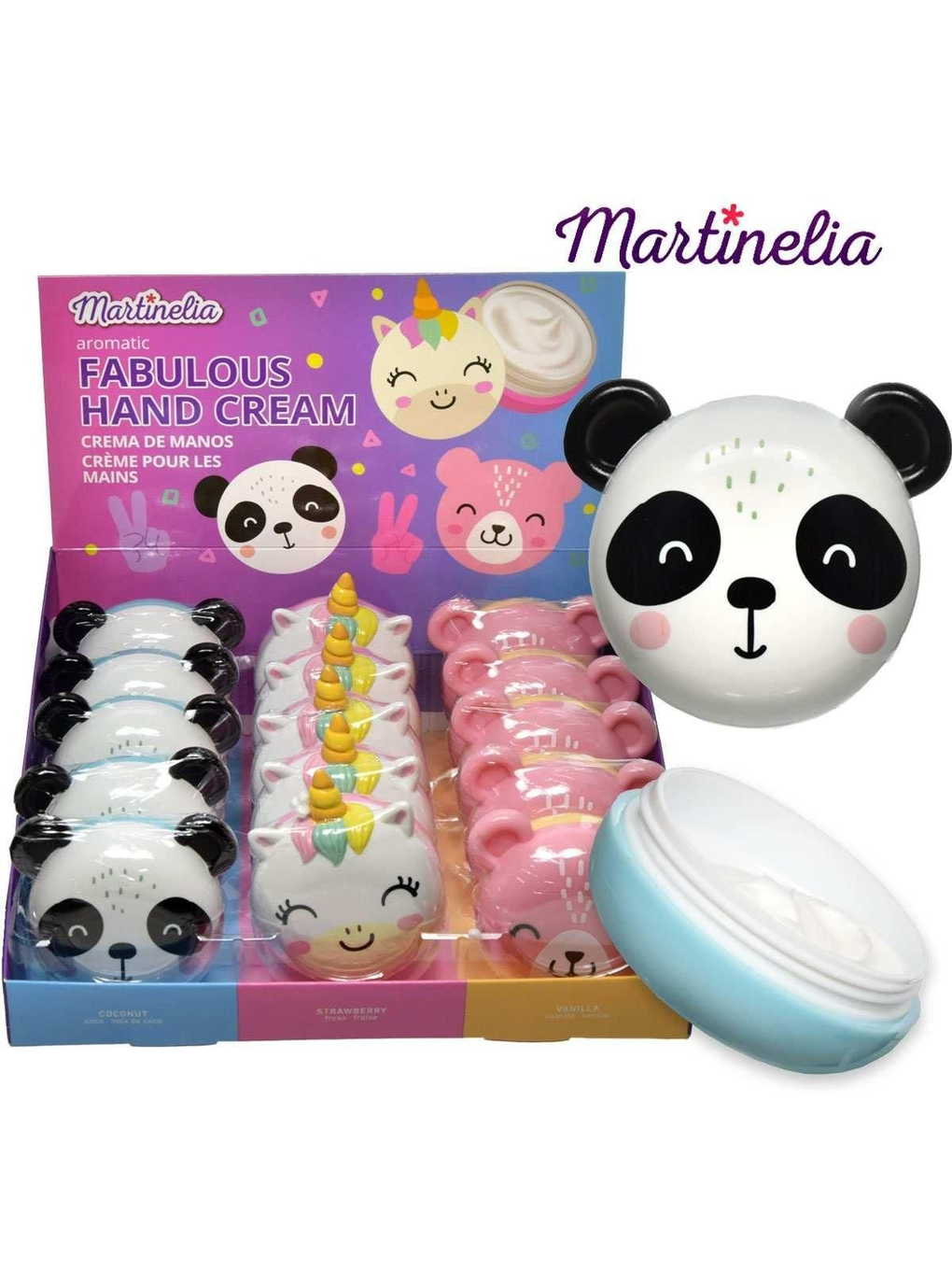 Caixa de cremes de mãos Martinelia com embalagens em forma de animais coloridos