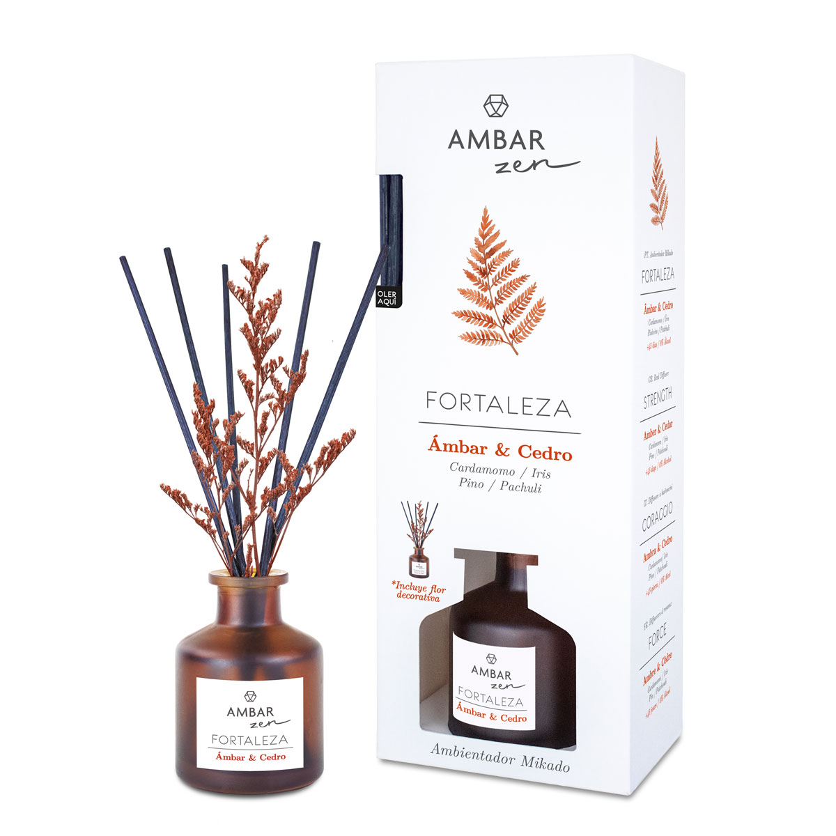 Difusor ambiente âmbar com varetas e embalagem branca AMBAR zen Fortaleza Âmbar & Cedro