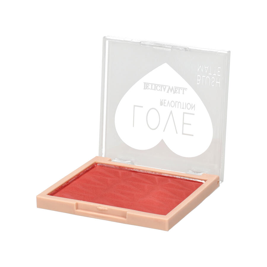 Blush vermelho em embalagem quadrada de plástico com tampa transparente e texto impresso