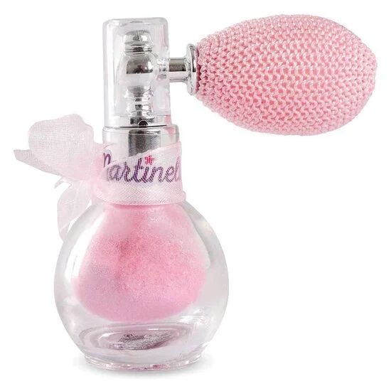 Frasco de perfume com bomba rosa e fita decorativa