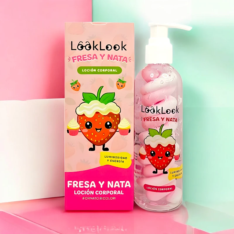 Loção corporal LookLook Fresa y Nata em embalagem rosa com ilustração de morango