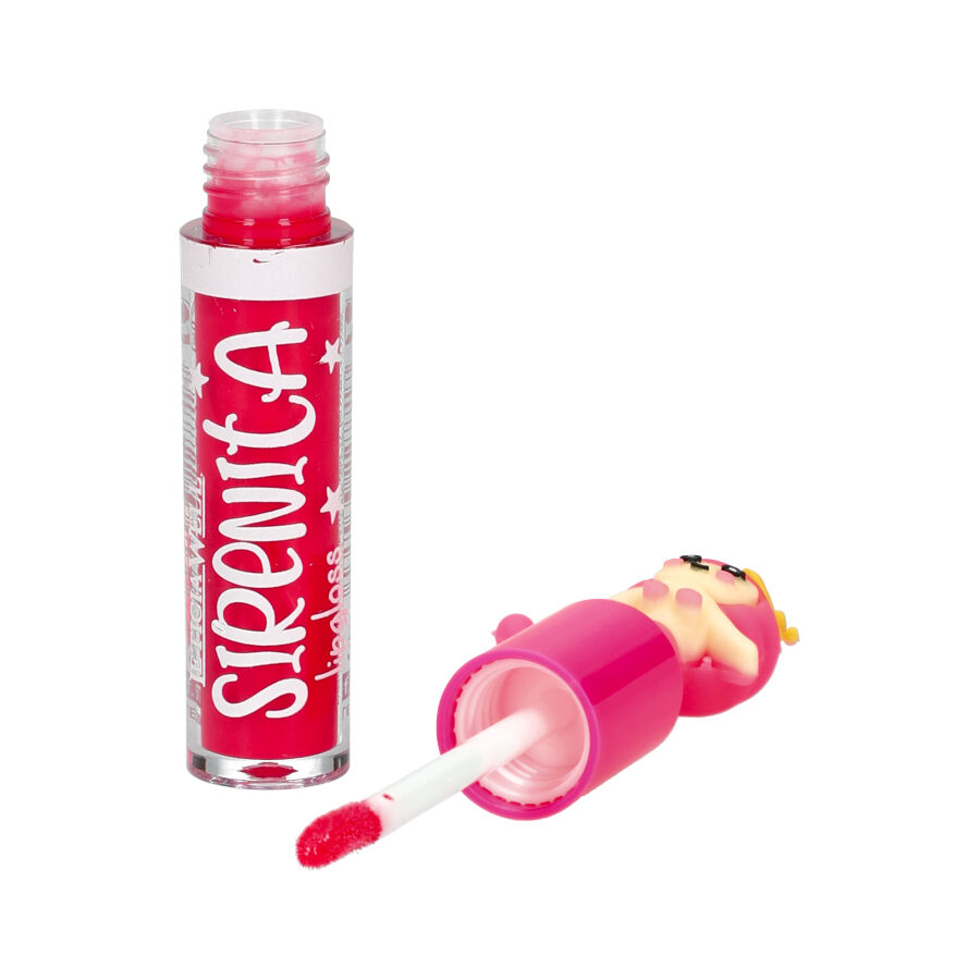 Brilho labial vermelho com tampa rosa e figura de boneca na tampa