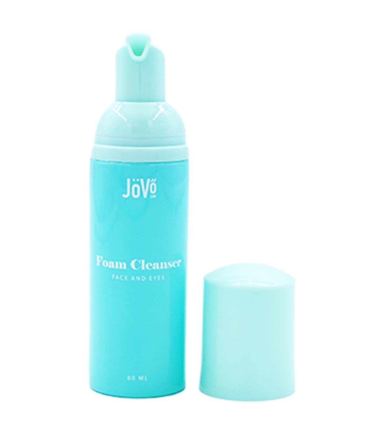 Frasco azul claro de espuma de limpeza facial e para olhos da marca Jövé