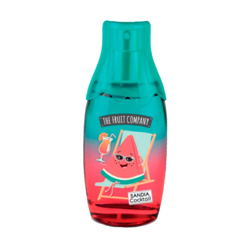 Frasco azul e vermelho com etiqueta de melancia e texto THE FRUIT COMPANY