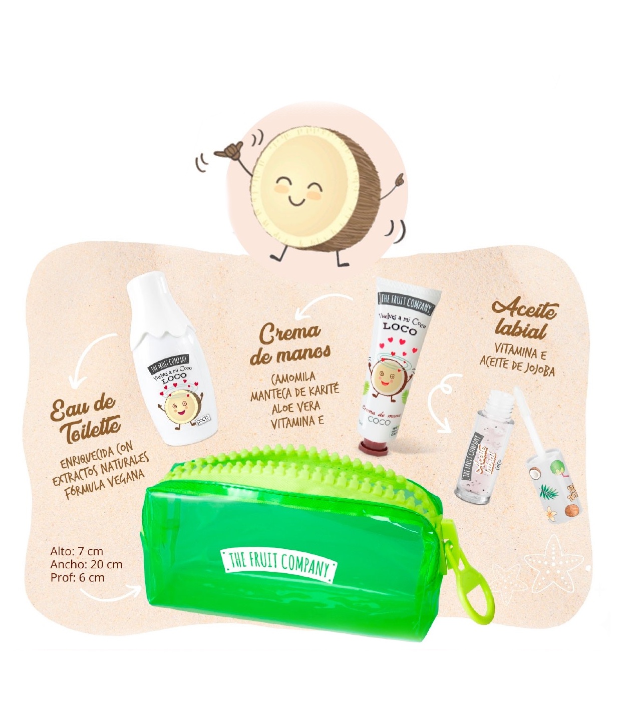Set de produtos cosméticos da THE FRUIT COMPANY com saco verde e embalagens coloridas