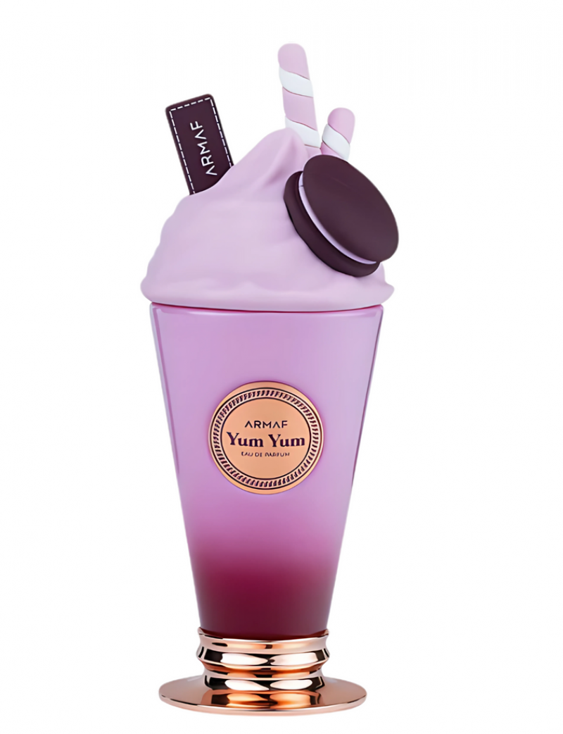 Frasco de perfume roxo em forma de copo com tampa de chantilly rosa e decoração