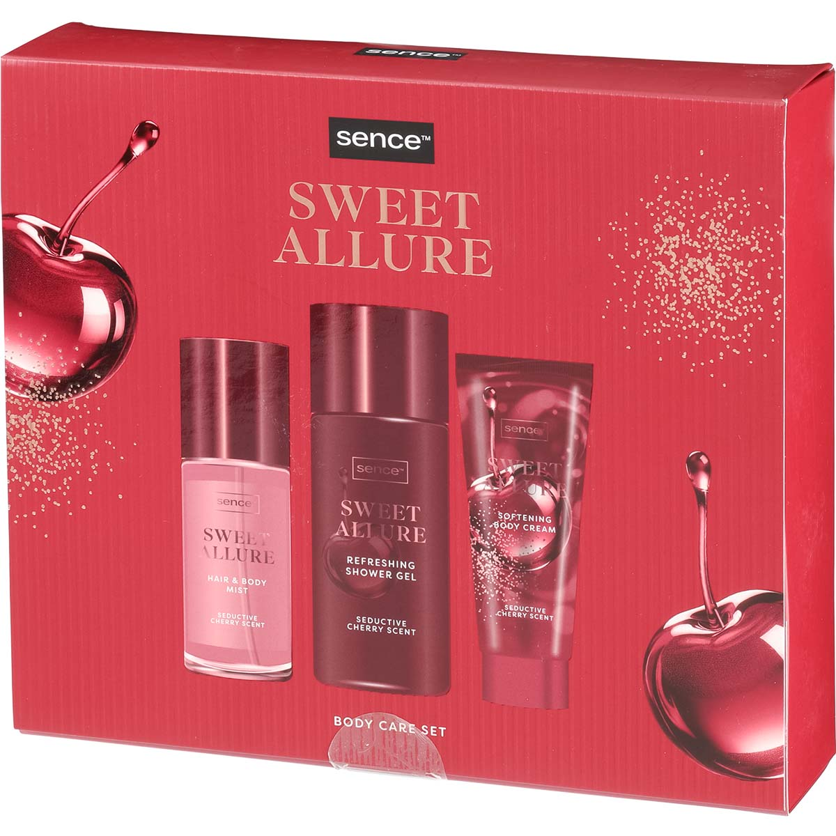 Conjunto Sence Sweet Allure com produtos para cuidados corporais em embalagem vermelha