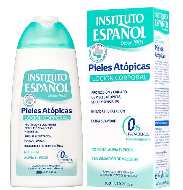 Frasco branco com tampa azul turquesa e embalagem azul com texto do Instituto Español Pieles Atópicas